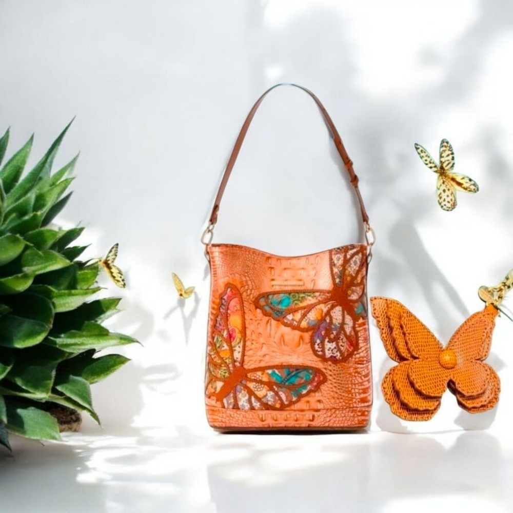 🦋▪️Brahmin▪️ Celina HONEY BROWN GALA Leather Bucket Tote Butterfly Charm Set